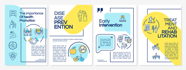 Health promotion brochure template. Rehab, early intervention. Flyer, booklet, leaflet print, cover design with linear icons. Vector layouts for magazines, annual reports, advertising posters