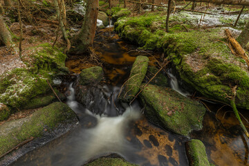 Konsky creek in National park Sumava with cascade and waterfall