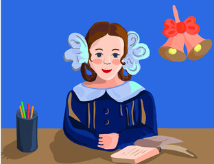 schoolgirl with bows at the desk on the table are stationery