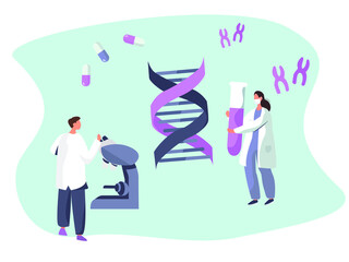 Genetic Engineering.DNA Test.Doctor holding Magnifier Glass and Analyzing DNA Structure Molecule in Lab.Studying Genes.Gene Modification and Genetic Scientists Editing.Flat Vector Illustration