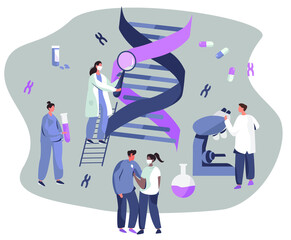 Genetic Engineering.DNA Test.Doctor holding Magnifier Glass and Analyzing DNA Structure Molecule in Lab.Studying Genes.Gene Modification and Genetic Scientists Editing.Flat Vector Illustration