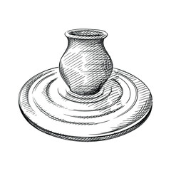 Hand drawn sketch of potter's wheel and a jug on a white background. Tools for pottery and ceramics. Pottery dishware. Jug on a pottery wheel - 404632982