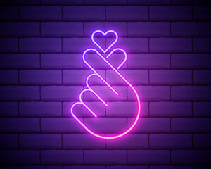K-POP neon sign. Sign of Finger Heart with colorful neon lights isolated on brick wall. Vector illustration.