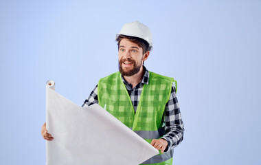 man in construction uniform blueprints professional engineer work blue background