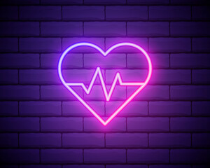 Glowing neon medicine concept sign with cardiogram graph in heart shape on a brick wall background. Drugstore or hospital luminous advertising signboard. Vector illustration.