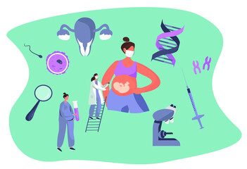 Embryo Fetus in
Laboratory.In Vitro Fertilization.Dna Engineering.Genetic Disease and DNA Molecule.Scientist working by Human Genome Project and does DNA Test.Flat Vector Illustration