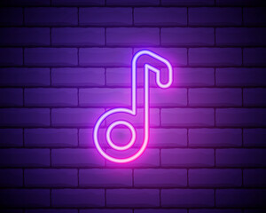 Music note neon sign. Party, disco and advertisement design. Night bright neon sign, colorful billboard, light banner. Vector illustration in neon style.