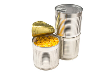 Canned food on white background. Sweet corn.