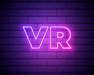 VR Neon Sign. Vector Illustration of Virtual Reality Promotion. VR neon sign isolated on brick wall background