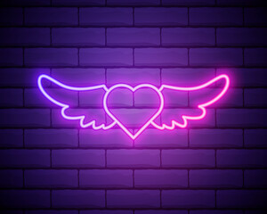 Heart with Wings purple glowing neon ui ux icon. Glowing sign logo vector.