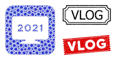 Vector collage 2021 display screen and grunge Vlog seals. Mosaic 2021 display screen created as stencil from rounded square with blue cell items. Red and black seals with distress style and Vlog tag.