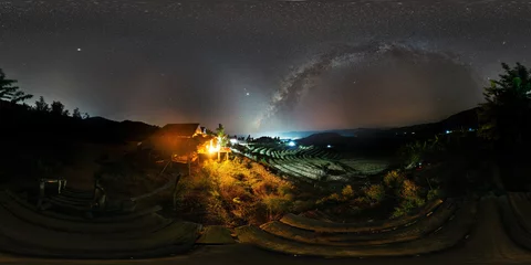 Foto op Plexiglas Panorama VR 360 Milky Way and the Zodiac light in the early in the evening of November at Ban Pa Bong Piang Jomthong, Chiang Mai, Thailand. © Ake