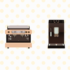 Vector set of professional coffee machines. Modern design of advanced barista aids. Front view.