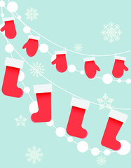 Illustration of warm socks and mittens on a rope. Winter warm decor on the background of garlands of snow and snowflakes.