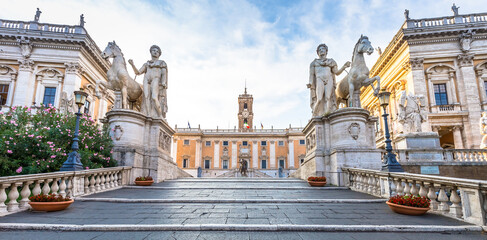Staircase to Capitolium Square (Piazza del Campidoglio) in Rome, Italy. Made by Michelangelo, it is home of Rome (Roma) City Hall - obrazy, fototapety, plakaty