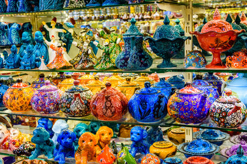 Many colorful souvenirs for sale at the bazaar in Turkey