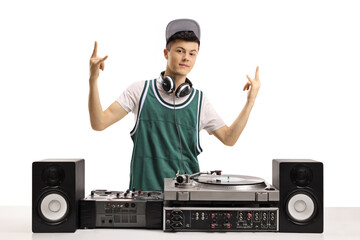Young male dj with vinyl turntable gesturing a sign