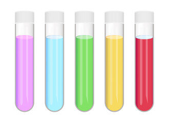 Vector set of chemical test tubes with liquid fluids – water, acid, solvent, or chemicals. Full laboratory glassware with Purple, blue, green, yellow, and red colors of substance solution isolated.