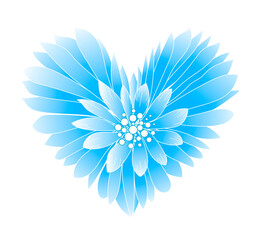 Valentine's Day. Postcard. Heart in blue and white colors in the form of a chamomile. Cartoon style stock vector illustration isolated on white background.