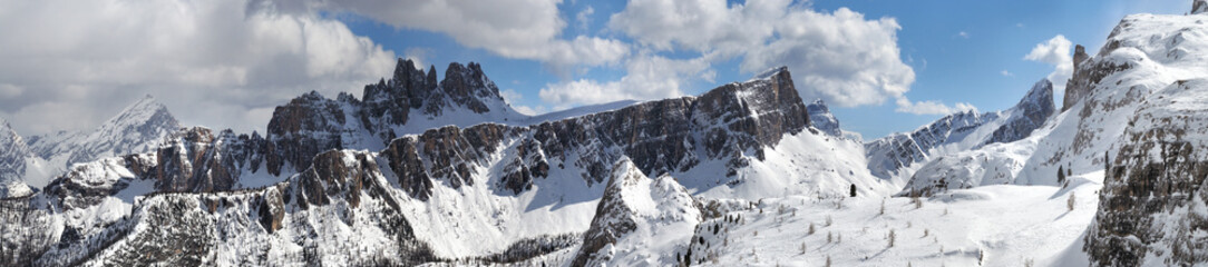 Croda da Lago and Lastoni di Formin mountain group in the Cortina d'Ampezzo Dolomites. Winter season. Veneto, Italy.