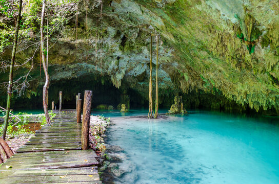 wooden pathway in cenote with stalactites and crystal clear fresh water near Tulum - Riviera Maya, Tulum, Yucatan, Mexico