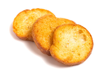Large Baguette Croutons Toasted and on a White Background