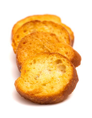 Large Baguette Croutons Toasted and on a White Background