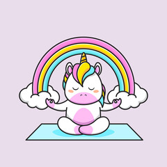 cute unicorn do meditation with rainbow background