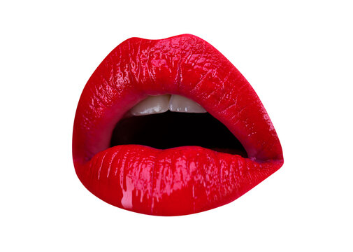 Sexy plump lips. Sensual gloss lipstick on lip, woman mouth. Isolated on white background.