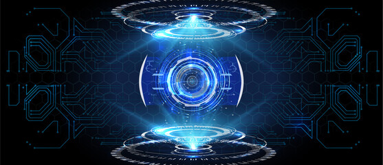 Future engineering concept with infographics  Circle portals, teleport, hologram gadget. Sky-fi digital hi-tech elements for presentation, vr, gui, - obrazy, fototapety, plakaty
