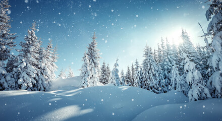Fototapeta premium Wonderful Winter Landscape. Awesome Alpine Highlands in Sunny Day. Christmas holyday concept. Winter mountain forest. Snowy mountains and perfect blue sky. Amazing Nature background. postcard