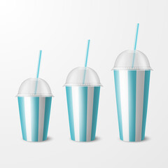 Vector 3d Realistic White, Blue Striped Paper Disposable Cup Set, Lid, Straw. Beverage, Drinks, Coffee, Soda, Tea, Cocktail, Milkshake. Design Template of Packaging for Mockup. Front View, Isolated