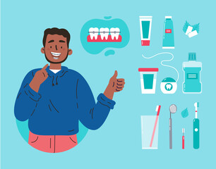 Man showing his smile with dental braces. Attractive guy with various accessories for daily dental care. Toothbrush, dental floss, mouthwash, braces, chewing gum. Vector cartoon illustration.