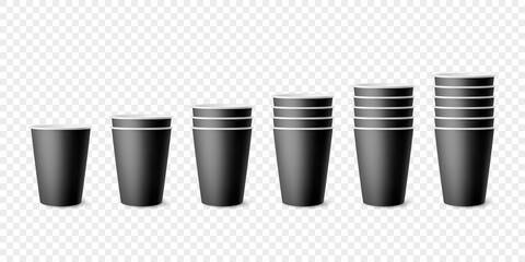 Vector 3d Realistic Black Paper Glossy Disposable Cup Set, Stack of Cup for Beverage, Drinks Isolated. Coffee, Soda, Tea, Cocktail, Milkshake. Design Template of Packaging for Mockup. Front View