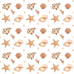 Watercolor seamless pattern - underwater world. Seashells, starfish, coral bubbles on a white background.