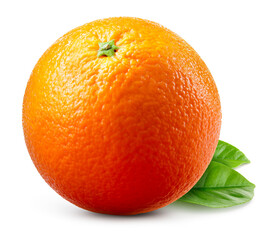 Orange fruit isolate. Orange citrus on white background. Whole orange fruit with leaves. Clipping...