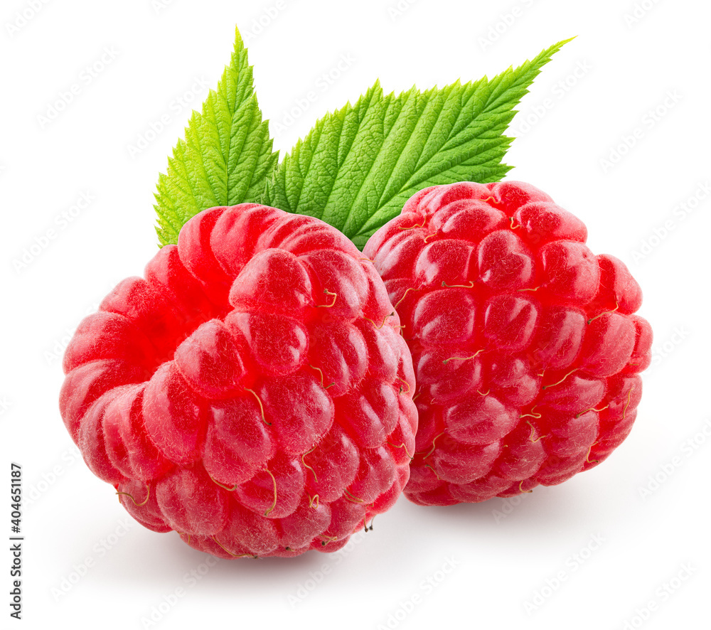 Wall mural Raspberry isolated. Two red raspberries with green leaf isolate. Raspberry with leaves isolated on white.