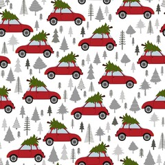 Seamless pattern with stylized Christmas trees and red cartoon cars