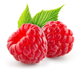 Raspberry isolated. Two red raspberries with green leaf isolate. Raspberry with leaves isolated on...
