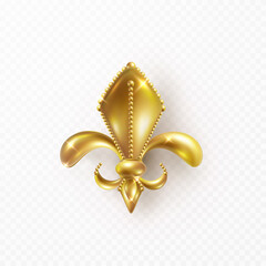 Fleur de lis isolated on transparent background. Gold heraldic lily. Golden Mardi Gras Symbol