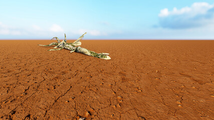 Naklejka na ściany i meble Concept or conceptual desert landscape with a parched tree trunck as a metaphor for global warming and climate change. A warning for the need to protect our environment and future 3d illustration