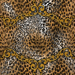 Seamless pattern of leopard skins in a golden frame of baroque and  roses, watercolor drawing. Animal print for fabric, floral pattern, background for various designs, retro style.