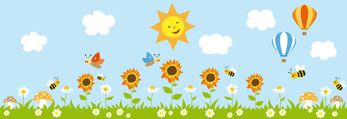 Spring sunny garden background with sunflowers, bees, butterflies and hot air balloon.