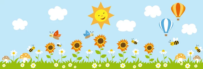 Fototapeten Spring sunny garden background with sunflowers, bees, butterflies and hot air balloon. © Evalinda