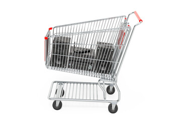 Home stereo system inside shopping cart, 3D rendering