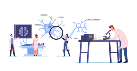 Scientists Characters Wearing White Medical Robe Learning Human Brain in Laboratory with Scheme of Dendrite, Cell Body