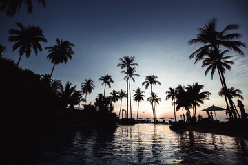 Fototapeta na wymiar Beautiful twilight on a tropical beach with silhouettes of palm trees.