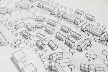 Skizze einer urbanen Planung eines Raumes in einer Stadt oder am Rande einer Stadt