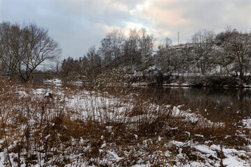 Snowy Landscape in central Bohemia with River Sazava, Czech Republic