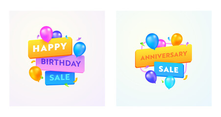Happy Birthday or Anniversary Sale Advertising Banners with Typography and Colorful Balloons on White Background